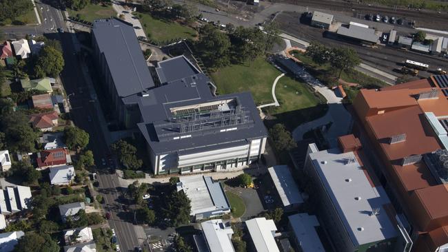 An aerial view of the soon-to-be UQ Dutton Park campus featuring the School of Pharmacy (grey building) and Translational Research Institute (orange building). Photo: University of Queensland
