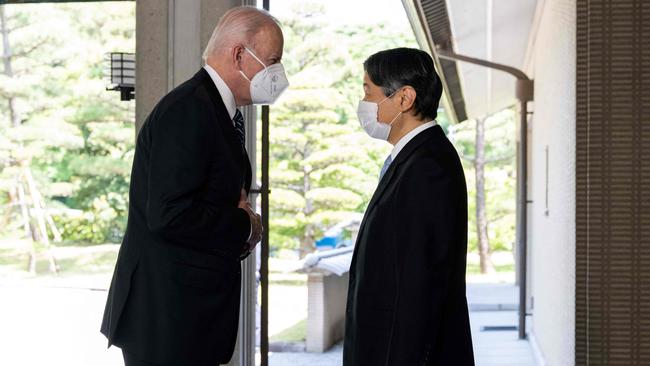 Japan’s Emperor Naruhito with President Biden during the US leader’s visit to Tokyo on Monday. Picture: AFP