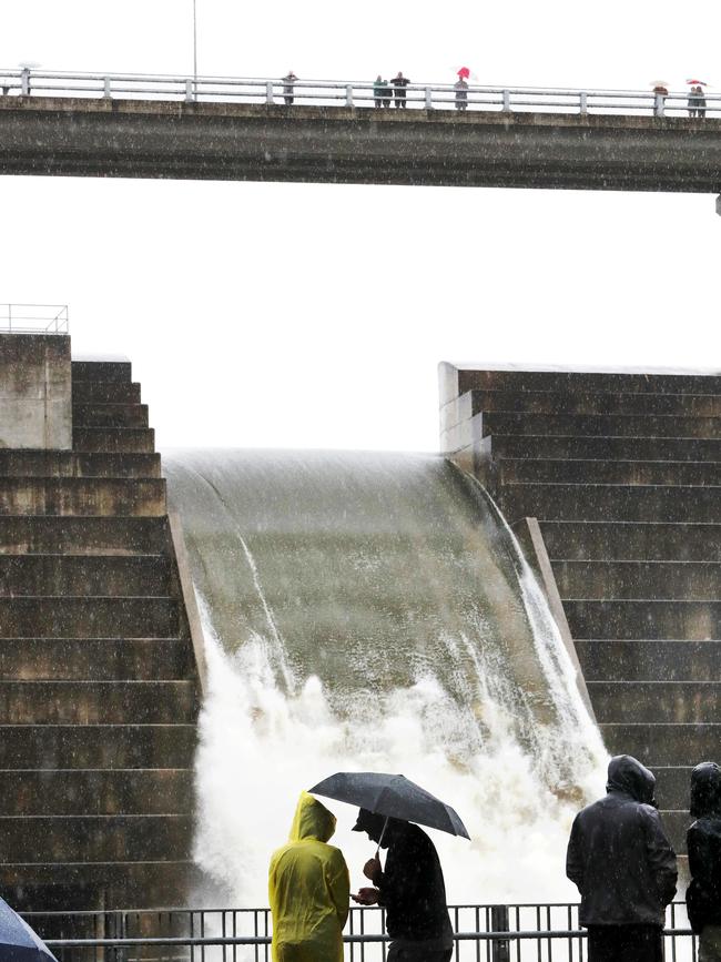 Hinze Dam overflowing. Picture: NIGEL HALLETT
