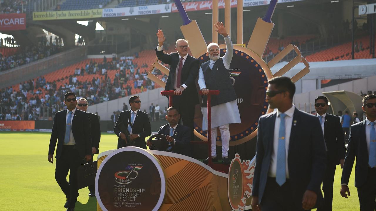 Australian Prime Minister Anthony Albanese and Indian Prime Minister Narendra Modi rode atop a “batmobile” before the first day’s play in Ahmedabad as part of a “celebration of friendship through cricket” between the two nations. (Photo by Punit PARANJPE / AFP)