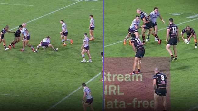 Tigers markers on the fatal golden point play (L) and Broncos players in the final minute of regulation time.