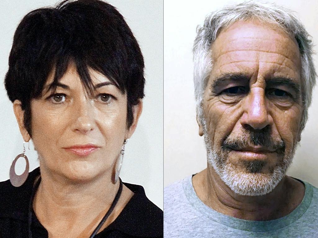 Ghislaine Maxwell and the mugshot of the late disgraced financier Jeffrey Epstein. (Photo by Laura Cavanaugh and Handout / various sources / AFP).