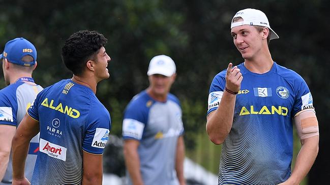 Parramatta Eels players Dylan Brown and Shaun Lane take part in a team training session at the Old Saleyards Reserve, in Sydney, Tuesday, February 5, 2019. (AAP Image/Dan Himbrechts) NO ARCHIVING