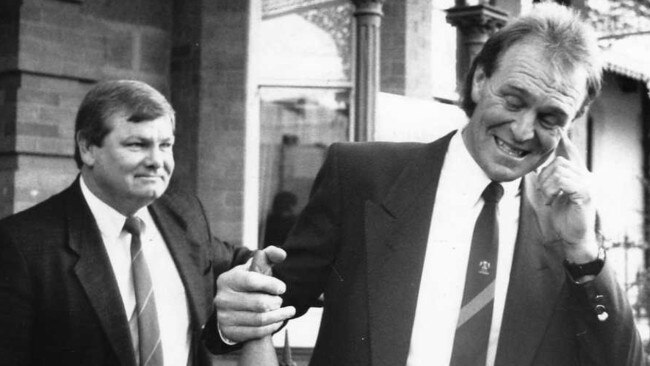 Laurie Rosewarne with Glenelg coach Graham Cornes. in 1990.