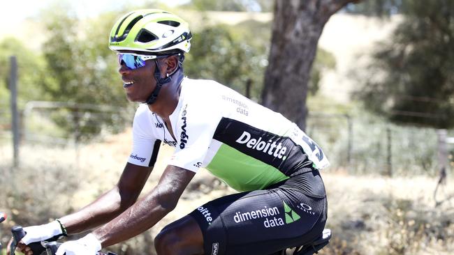 CYCLING — TOUR DOWN UNDER — STAGE 1 — Port Adelaide to Lyndoch. Dimension Data Nicholas Dlamin taking the Subaru King of the Mountain jersey. Picture Sarah Reed