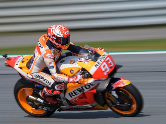 Repsol Honda Team's Spanish rider Marc Marquez rides during the first free practice of the Austrian MotoGP Grand Prix weekend at the Red Bull Ring in Spielberg, Austria on August 10, 2018. (Photo by Jure Makovec / AFP)