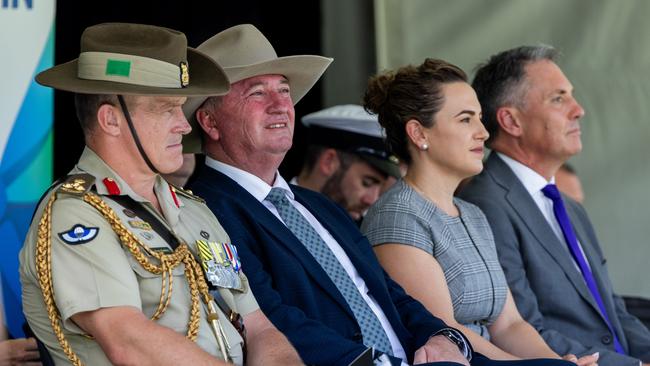 Brigadier Doug Pashley CSC, Barnaby Joyce, Lia Finocchiaro and Richard Marles at the Bombing of Darwin ceremony. Picture: Pema Tamang Pakhrin