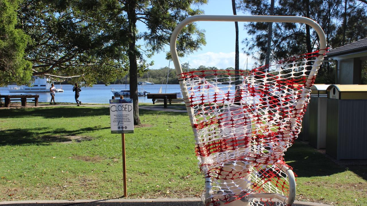 Noosa public spaces during coronavirus (COVID-19) pandemic. Fitness equipment along the Noosa River is off-limits, although exercise (walking, running) is encouraged.