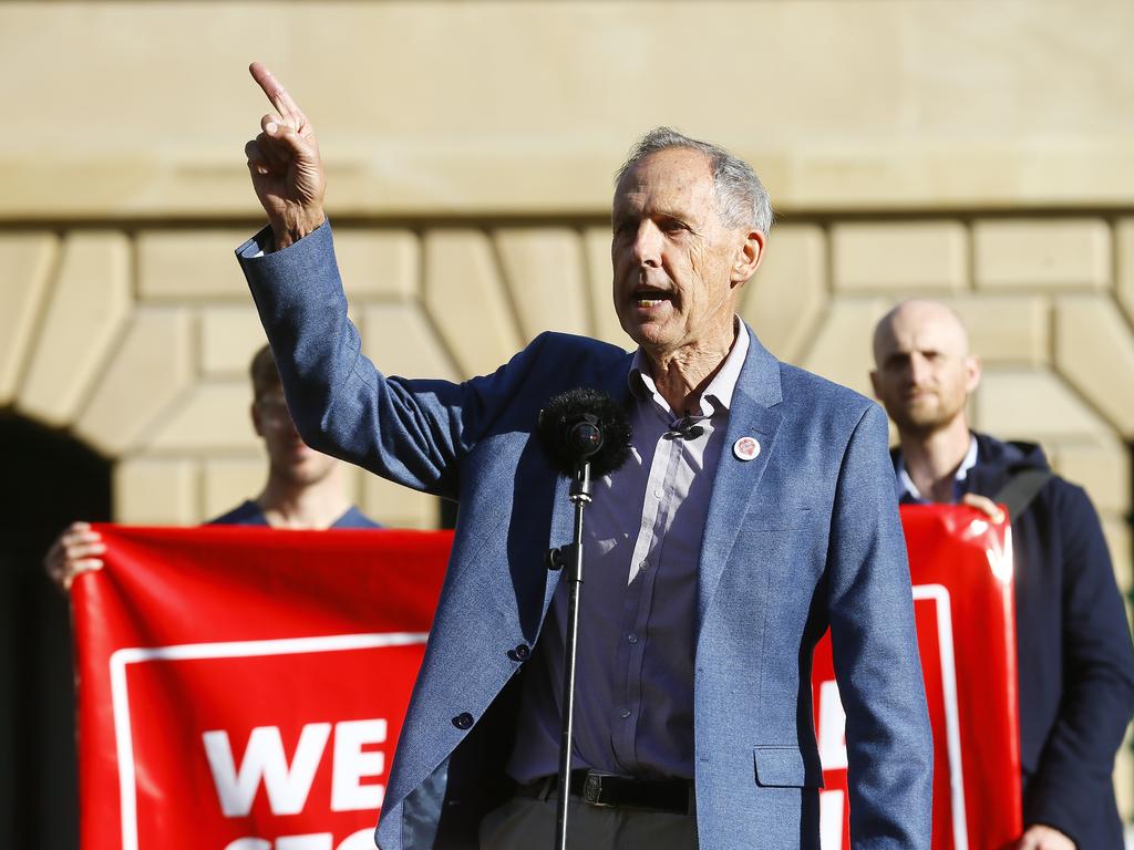 Bob Brown speaks to the large crowd at the Stop Adani Convoy at Parliament Lawns, . Picture: MATT THOMPSON