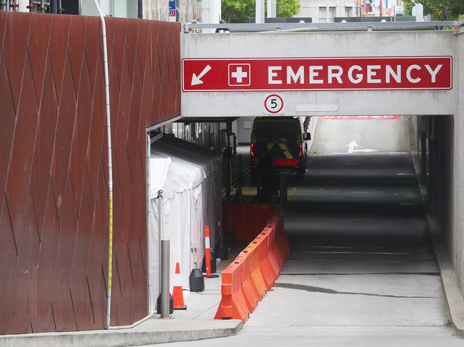 Ambulances who deliver patients to the Royal Hobart Hospital now have less space in the ambulance bay due to tents erected for future COVID patients.  Picture: Nikki Davis-Jones