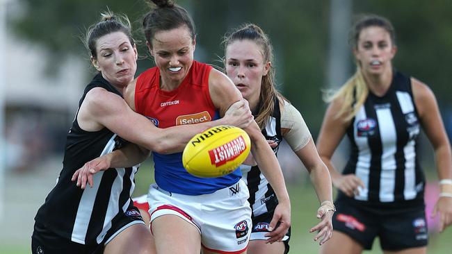 Daisy Pearce in action during an AFLW practice match between Melbourne and Collingwood. Picture: Ian Currie