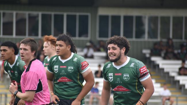 Iosefa Kolio (middle) and Jack Laing (right). Meninga Cup game between the Ipswich Jets and Wide Bay Bulls. Saturday March 11, 2023. Picture, Nick Tucker.