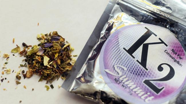 A package of K2 which contains herbs and spices sprayed with a synthetic compound chemically similar to THC, the psychoactive ingredient in marijuana.