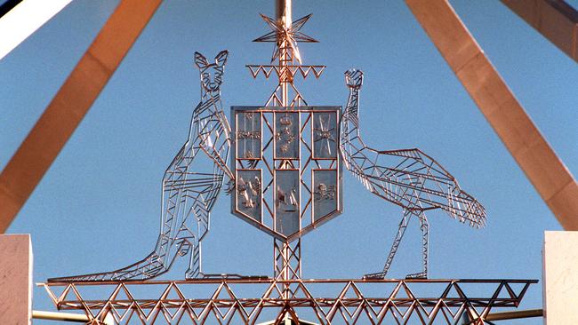 The Australian coat of arms above the front entrance of Parliament House in Canberra.