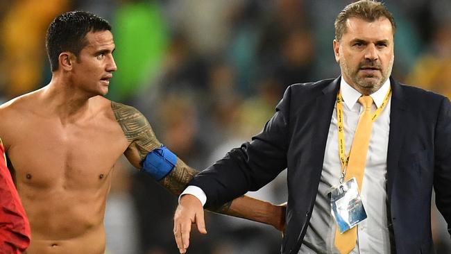 Australia's Tim Cahill with coach Ange Postecoglou