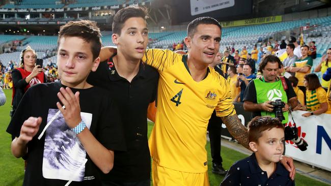 Shae (L) with brothers Kyah and Cruz after their dad’s Socceroos farewell. Picture: Toby Zerna