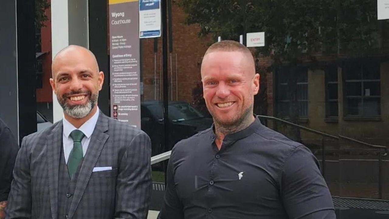 Bandidos member Joshua Hugh Deane, 40, of The Entrance (right) with his lawyer Anthony Tashman (left) outside Wyong Local Court after a previous appearance. Picture: supplied