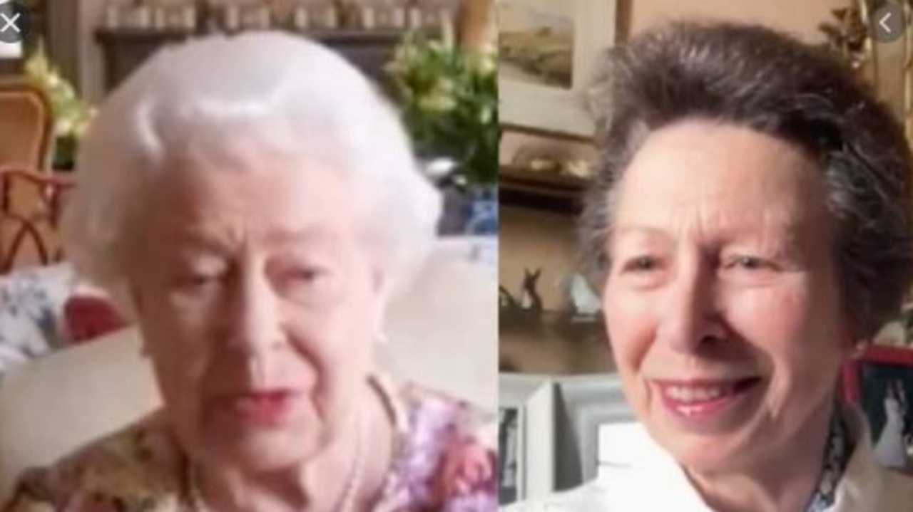 Princess Anne teaching the Queen how to use Zoom. Picture: Twitter