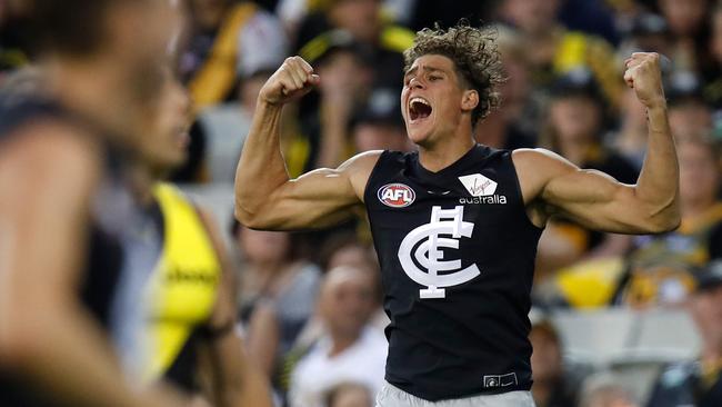 Charlie Curnow of the Blues celebrates a goal.