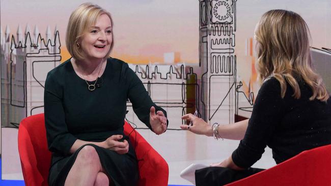 Liz Truss, left, speaking with BBC journalist Laura Kuenssberg, is expected to be announced as the UK’s next prime minister. Picture: AFP