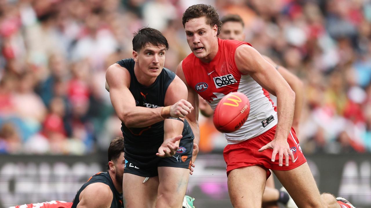 Sam Taylor (left) was happy to stoke the rivalry earlier this year. (Photo by Matt King/AFL Photos/via Getty Images )