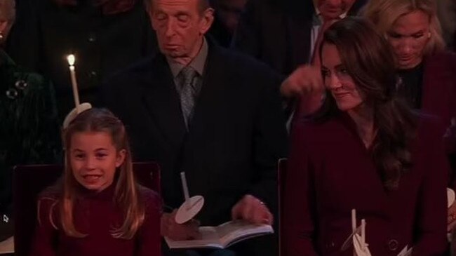 An excited Princess Charlotte with her mum, Catherine, Princess of Wales at the Christmas Eve service. Picture: ITV