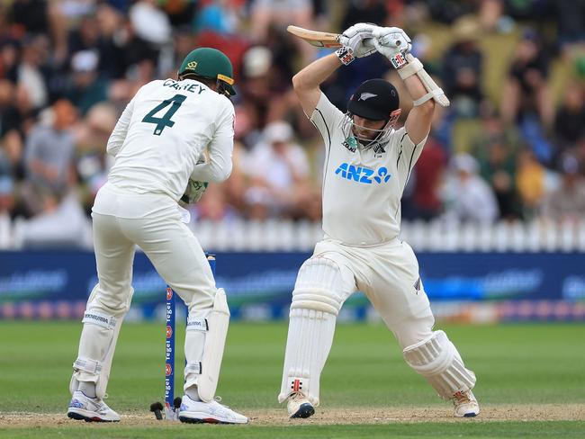 Nathan Lyon said he tried to exploit a possible weakness for Kane Williamson. Picture: Marty MELVILLE / AFP