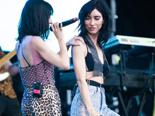 The Veronicas rock out on stage at the Hay Mate concert in Tamworth. Picture: Luke Drew