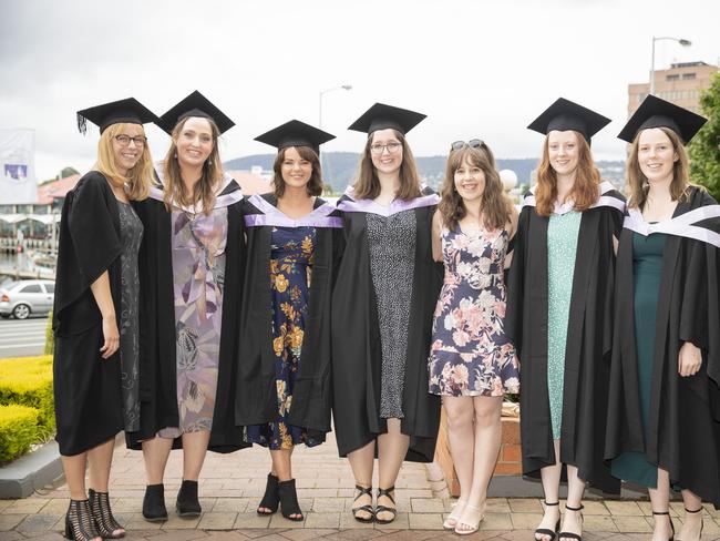 Sarah Field, Jessica Fraser, Taylah Leader, Simone Saville, Aleisha Herington, Ashleigh Barker and Bridget Williams. UTAS graduations. School of College of Health and Medicine Graduate Research. Picture: RICHARD JUPE