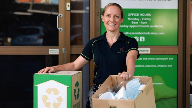 Cairns business woman Suzanne Rath, owner of Wellness Embodied, is taking every possible step to be more sustainable, such as using TerraCycle bins to repurpose waste. Picture: Brendan Radke