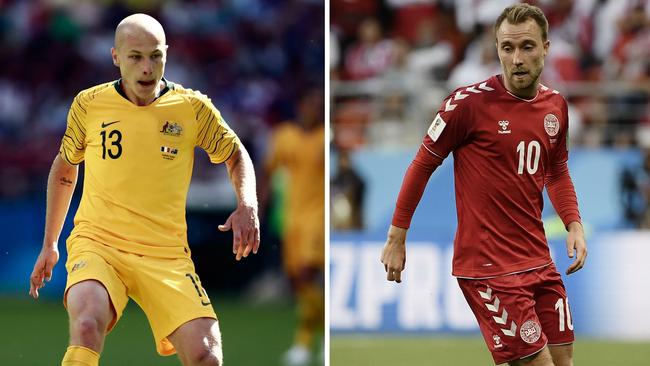 Aaron Mooy has plenty of experience trying to stop Christian Eriksen. Picture: AFP