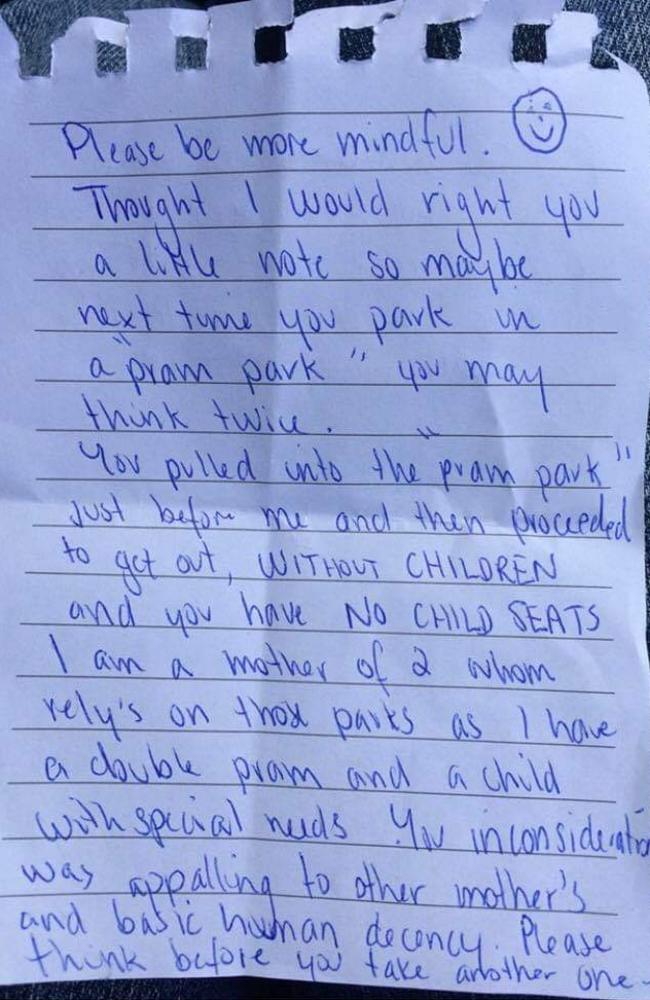 Facebook: Mum caught in note war over parents pram car park | news.com ...