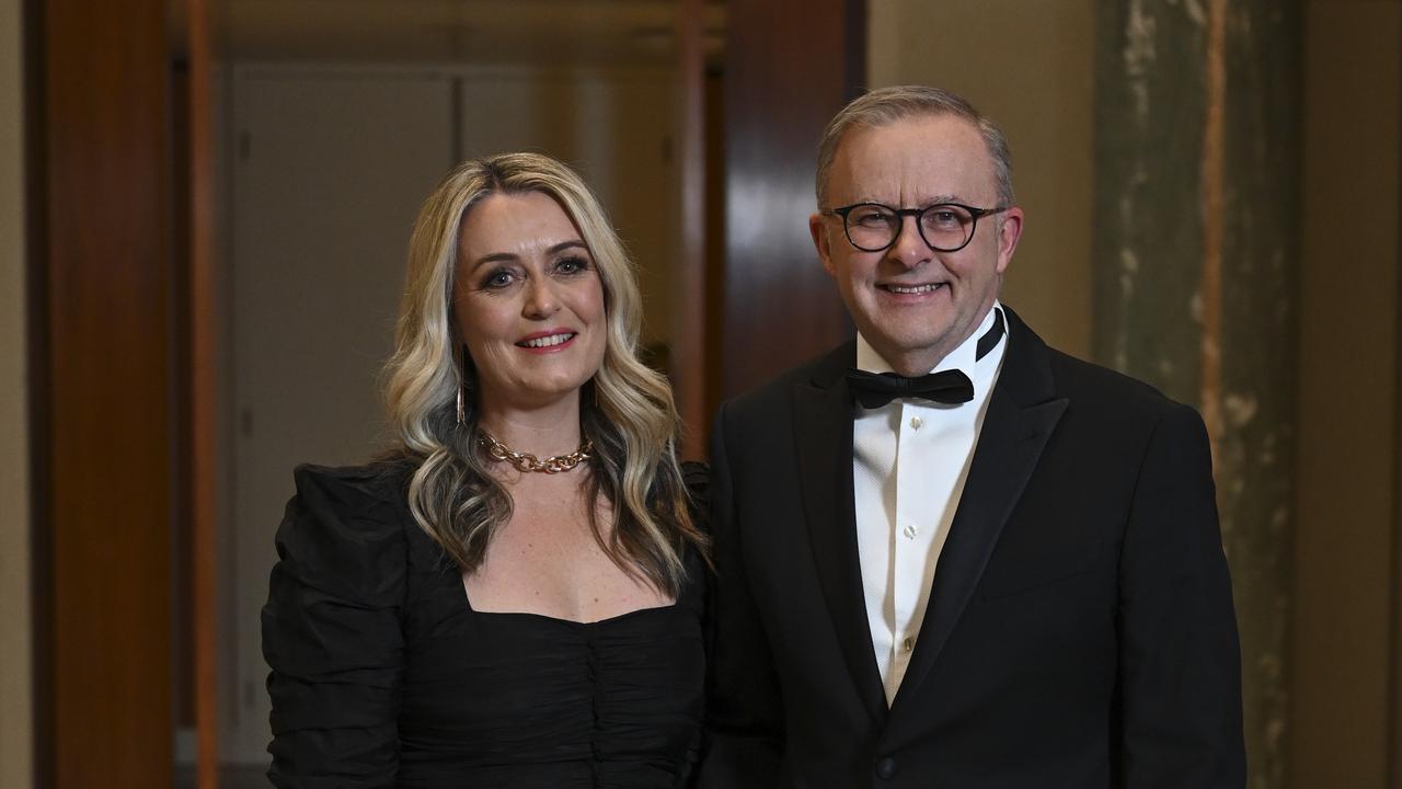 Anthony Albanese and his partner Jodie Haydon arrive at the Press Gallery Midwinter Ball 2023 at Parliament House in Canberra. Picture: NCA NewsWire / Martin Ollman