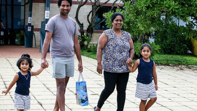 Nadesalingam Murugappan, known as Nades, his wife Kokilapathmapriy Nadarasa, known as Priya, and their daughters Kopika, 5 and Tharunicaa, 3 on Christmas Island. Picture: Colin Murty.