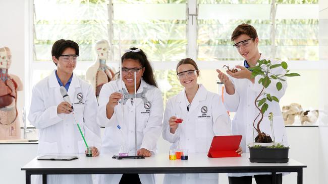 Year 12 students Sean Ryan, Lydian Alo-Emile, Hannah Whybird and Cameron Gordon at Brisbane State High School, which had the best OP results for a state school in 2018. Pics Tara Croser.