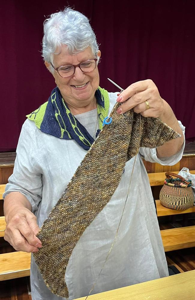 Valley Spinners &amp; Craft Group president Margaret Borg works on a knitted shawl at a meeting in May. Picture: Contributed