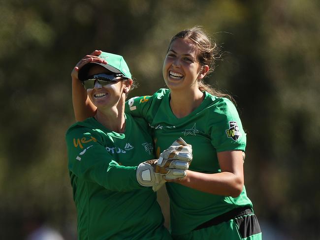 Tess Flintoff of the Stars celebrates after taking the wicket of Thunder's Rachael Haynes caught by Erin Osborne of the Stars during the WBBL cricket match between Sydney Thunder and Melbourne Stars at Bankstown Oval, Sydney. Picture: Brett Costello