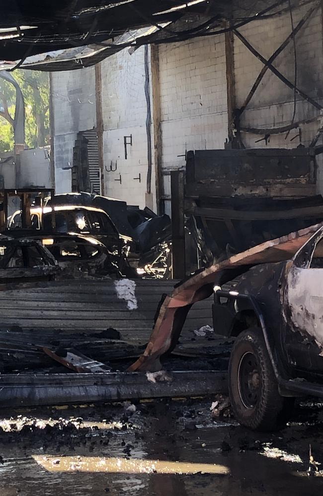 The Harts Automotive Services workshop — including three vehicles owned by the business owner Graham Hart — was destroyed in the blaze. Picture: Jim O'Rourke