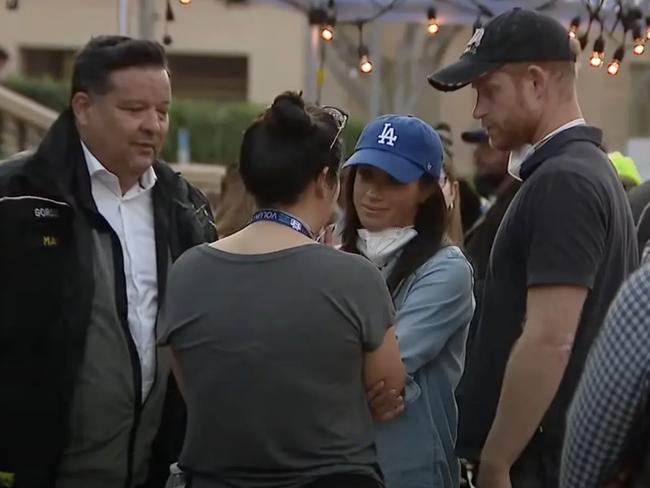 Prince Harry and Meghan Markle visited victims of the Eaton Fire in LA. Picture: FOX 11 Los Angeles