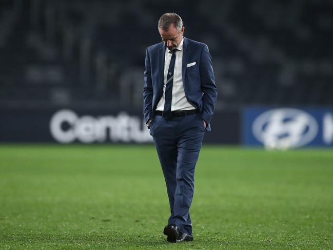 Dejected Victory coach Grant Brebner after his side’s loss to Western Sydney. Picture: Cameron Spencer/Getty Images