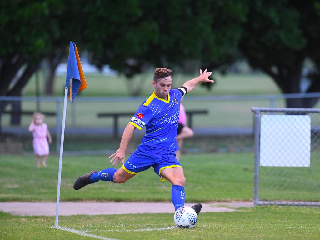 Gympie United Gladiators vs Tallebudgera Valley Tigers - Billy Bayldon sends in a corner kick.  Picture: Shane Zahner