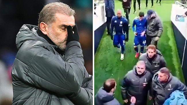 Ange Postecoglou appeared to react to an angry fan. Photo: Julian Finney/Getty Images; @Funwithflares.