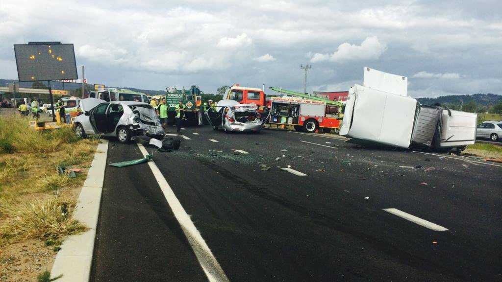 A man was airlifted from the scene of a five-vehicle collision on the Warrego Hwy at Hatton Vale. In front of Rusty's service station. . Picture: Amy  Lyne