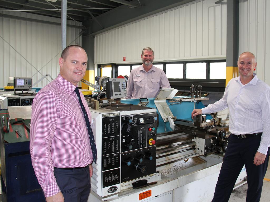 L to R: CQ University Associate Vice President Gladstone Campus Luke Sinclair, Manufacturing Hub Skills Development and Training Officer Mick Elliott and Gladstone MP Glenn Butcher at the Gladstone Manufacturing Hub.