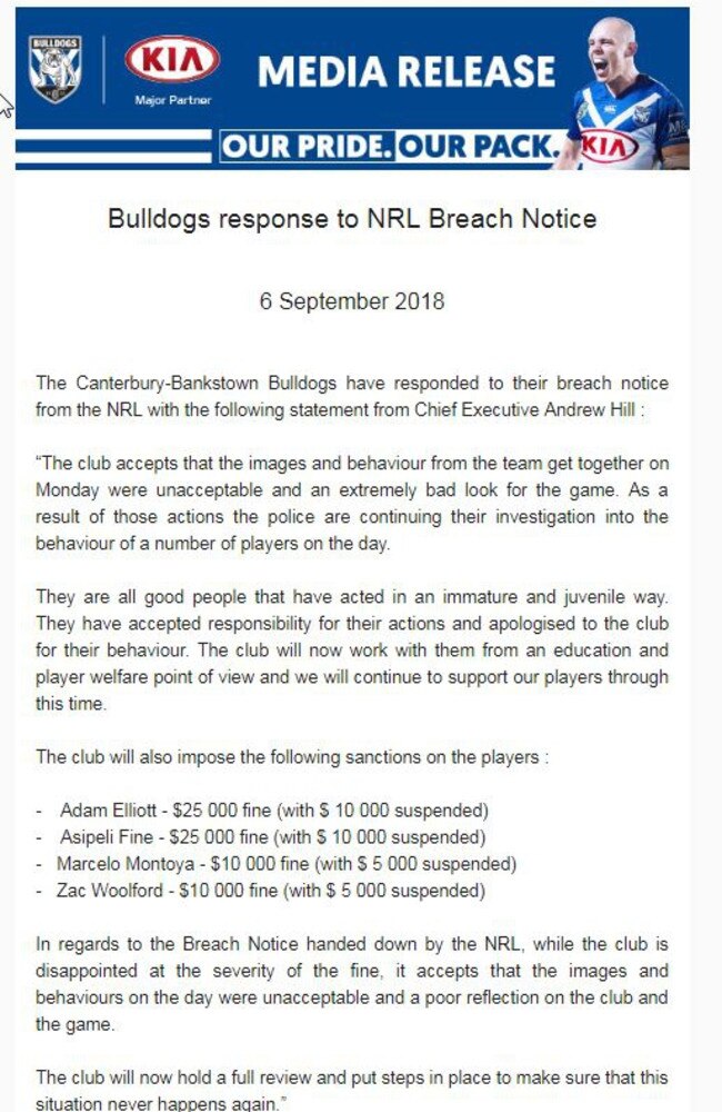 Bulldogs’ response to NRL Breach Notice.