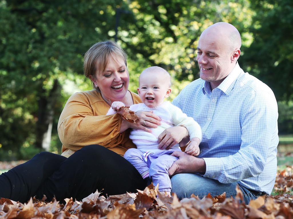 Former Premier Lara Giddings with 15 month old daughter Natasha and partner Ian Magill. In the lead up to Easter Lara Giddings is helping raise awareness of the importance of egg donation. It was a donor egg that allowed Lara to become a mother. Picture: NIKKI DAVIS-JONES