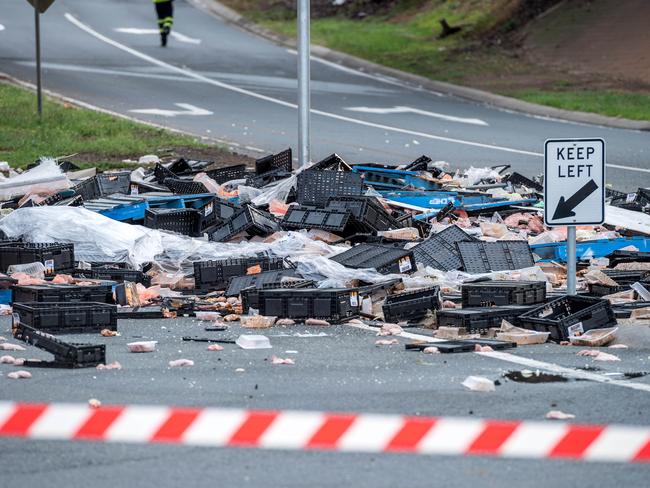 Debris from the Bendigo-based Hazeldene’s Chicken Farm trailer. Picture: Jake Nowakowski