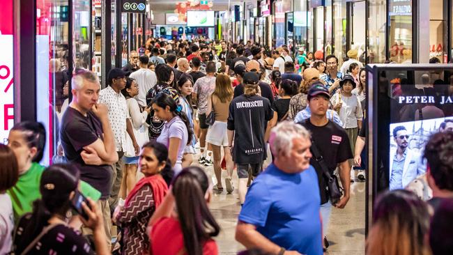 Australia’s retail sales slumped in December. Crowds at the Boxing Day sales at DFO Brisbane. Picture: Nigel Hallett