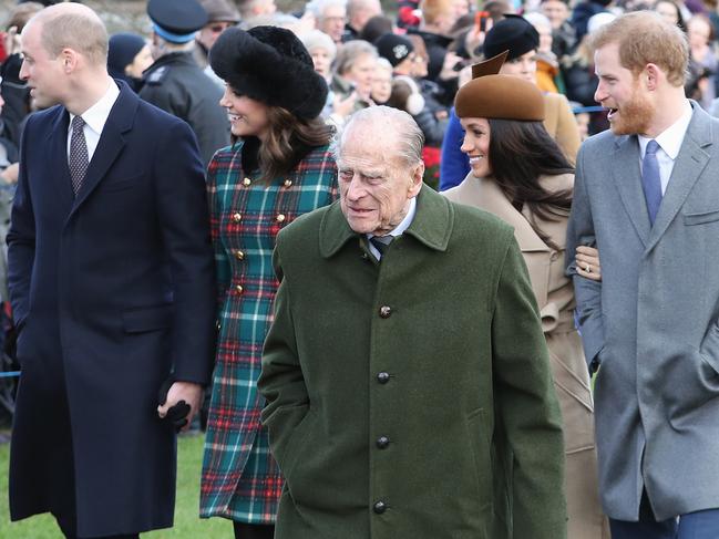 Prince William, Duke of Cambridge, Prince Philip, Duke of Edinburgh, Catherine, Duchess of Cambridge, Meghan Markle and Prince Harry attend Christmas Day Church service in 2017. Picture: Chris Jackson/Getty Images