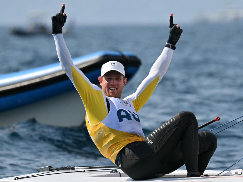 Gold medallist Australia's Matt Wearn put aside frustrations caused by disrupted scheduling and used mastermind sailing race tactics for a consecutive gold medal in the event. Picture: Nicolas Tucat/AFP